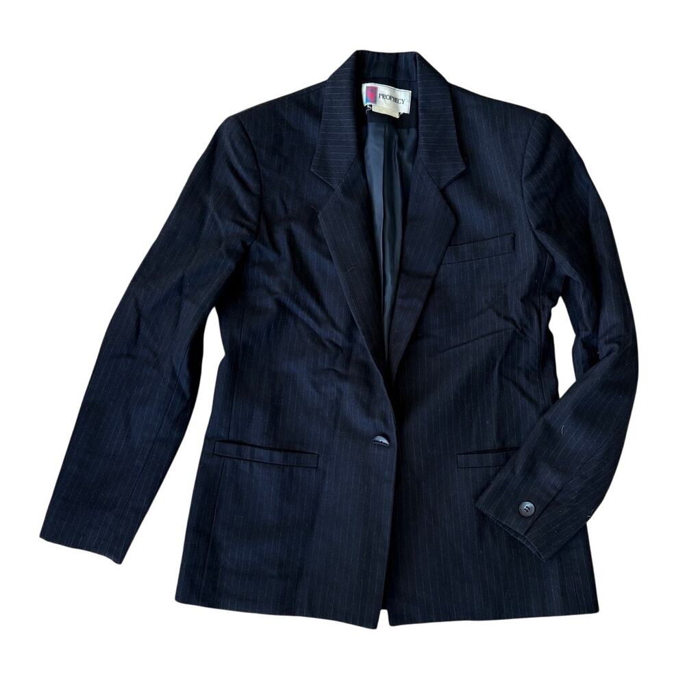 Prophecy Navy Pinstripe Blazer 100% Wool Jacket Single Button USA 80s Vintage